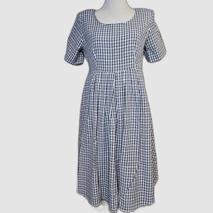 Great Times 80s Blue White Gingham Plaid Pleated Tie Back Cottagecore Midi Dress